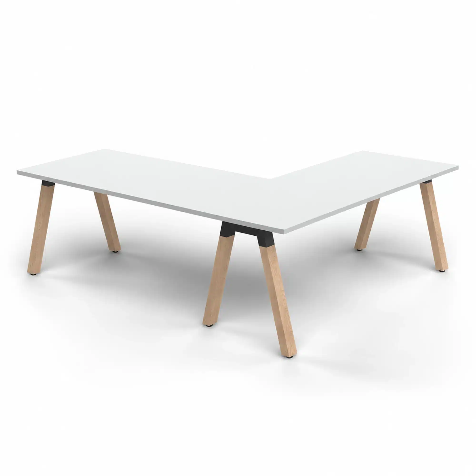 Plank L-shaped office desk with a white 1800 × 750 mm worktop and 1200 × 750 mm return, natural oak legs, and black mounting brackets on a white studio background.