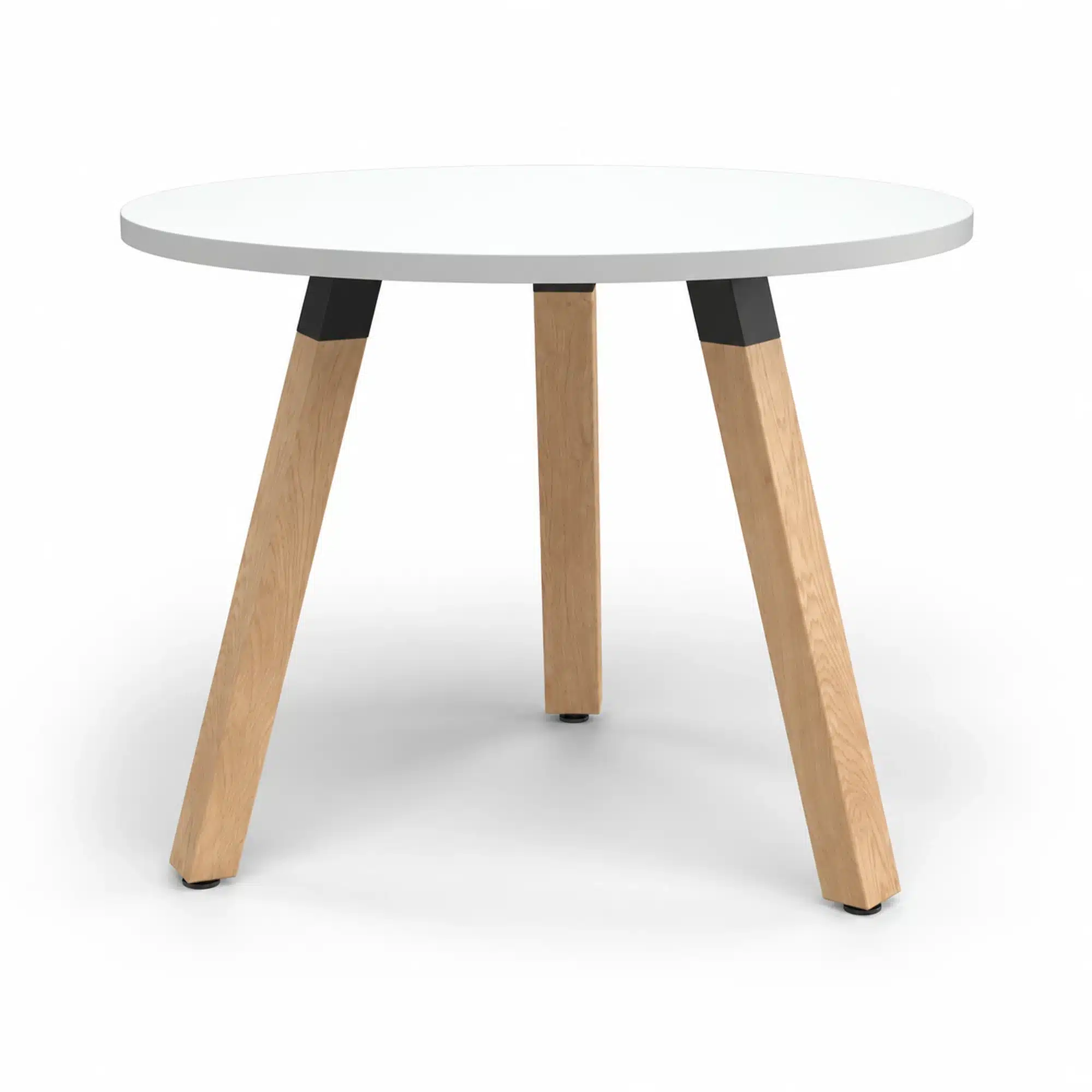 Plank round meeting table with a white 900 mm diameter top and three natural oak legs.