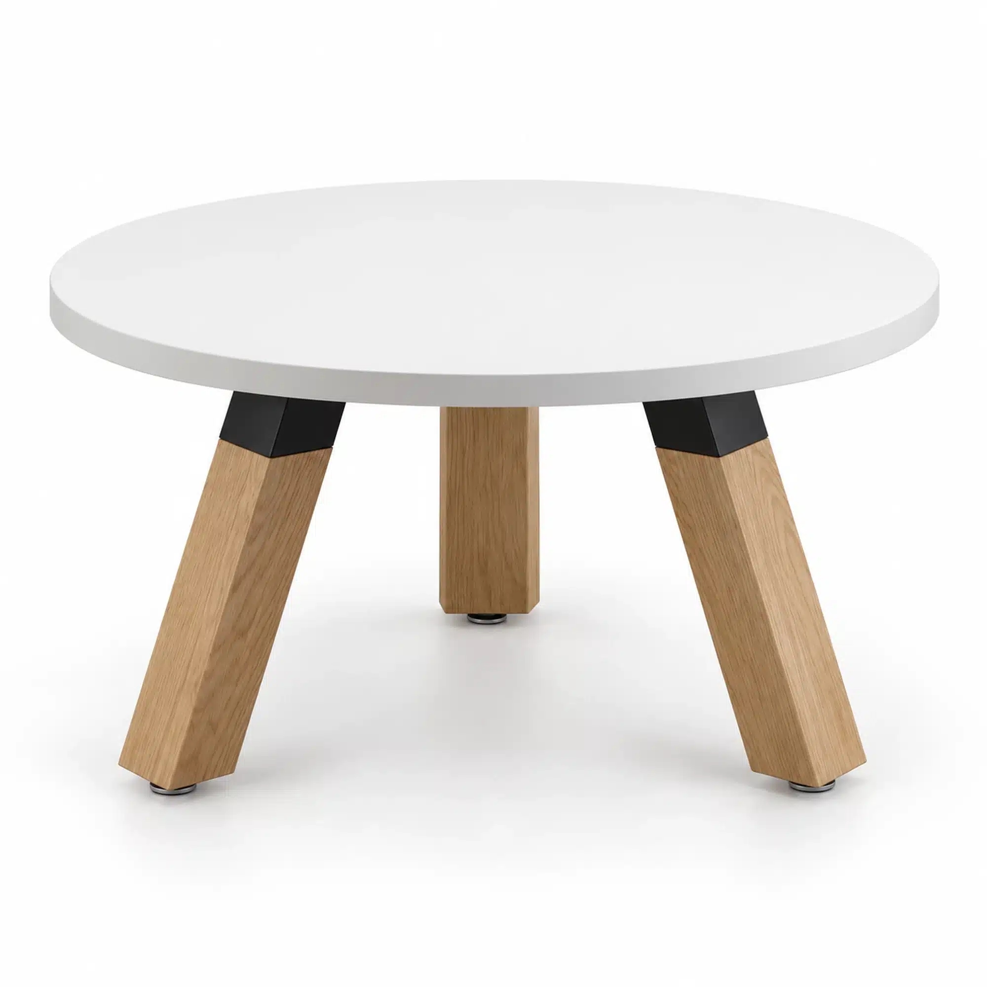 Plank round coffee table with a white 600 mm diameter top and three natural oak legs.