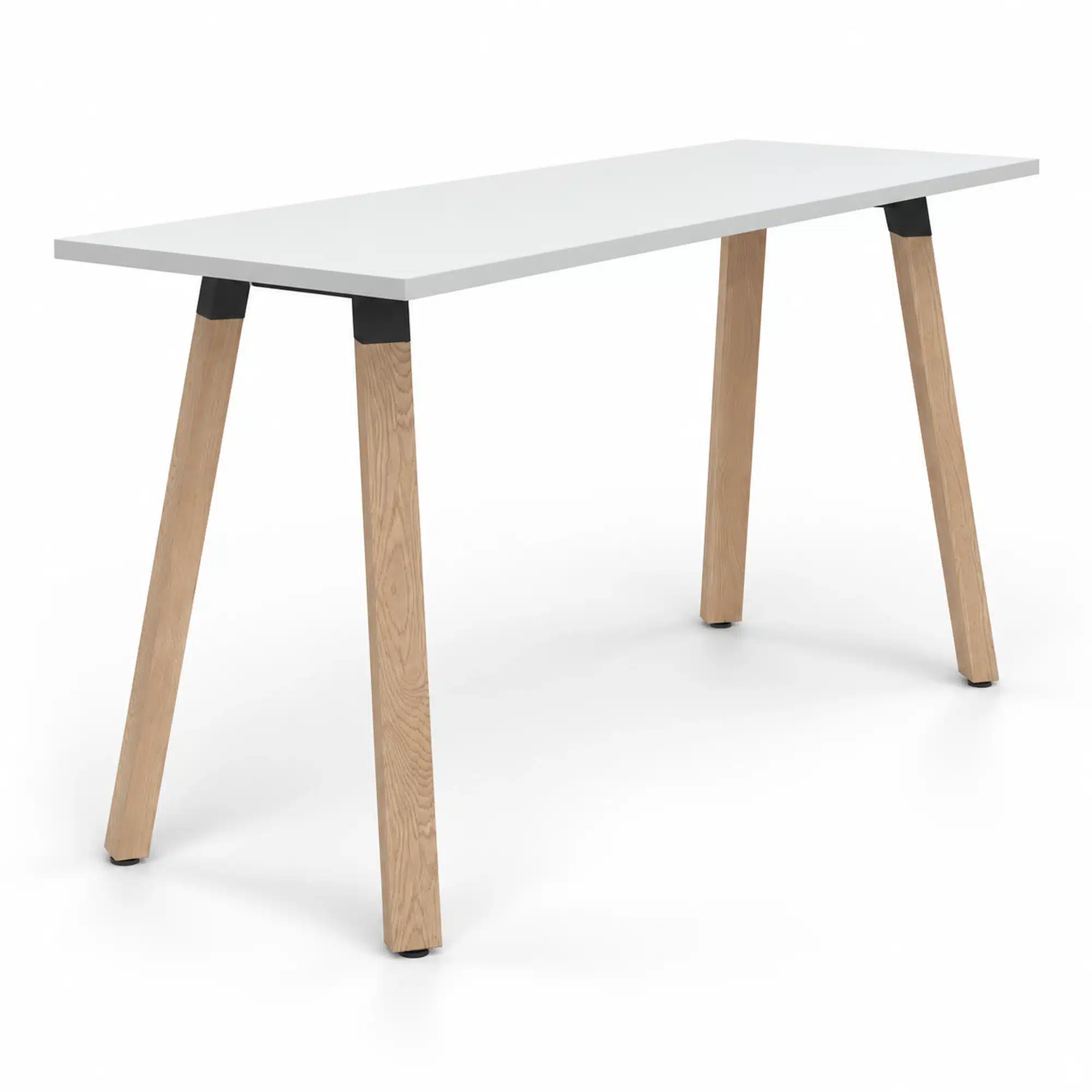 Rectangular Plank standing-height bar table with a white 1600 × 600 mm top, natural oak legs and black mounting brackets on a white studio background.