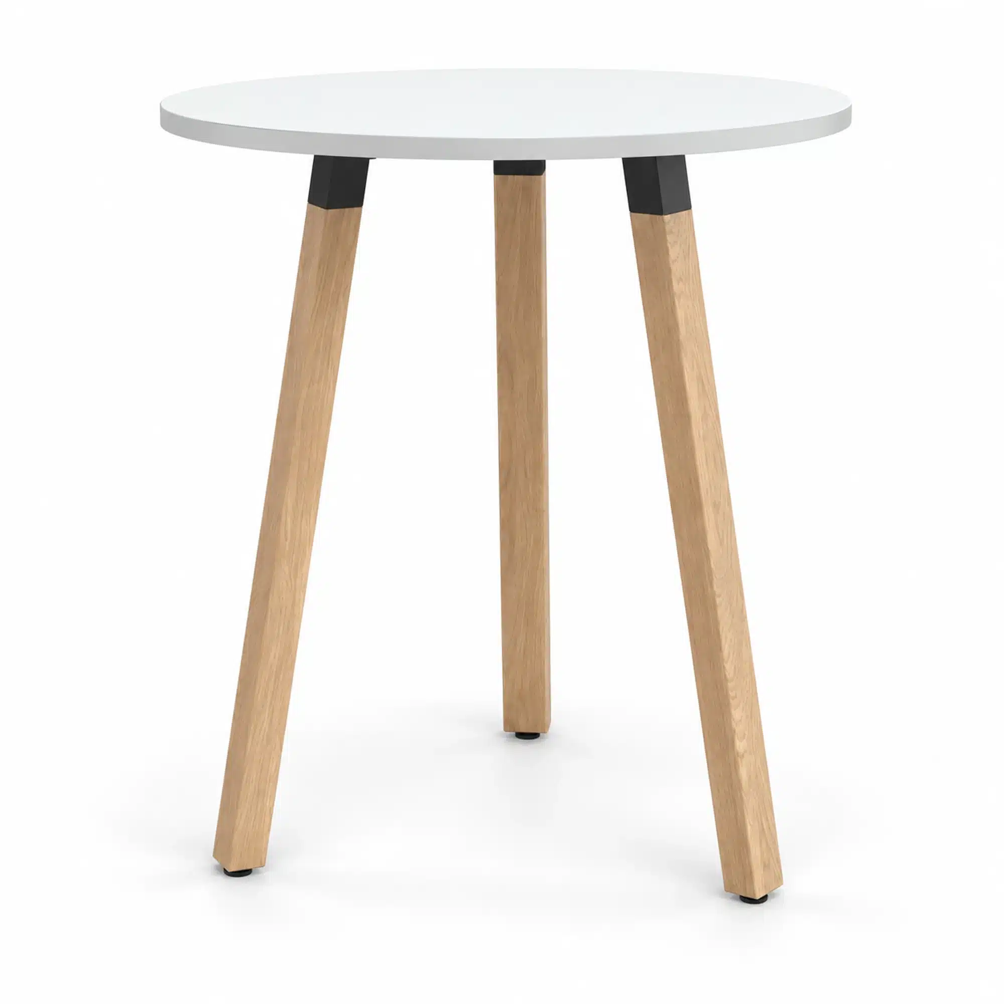 Round Plank bar table with a white 900 mm top, natural oak legs and black mounting brackets, shown at standing height on a white studio background.