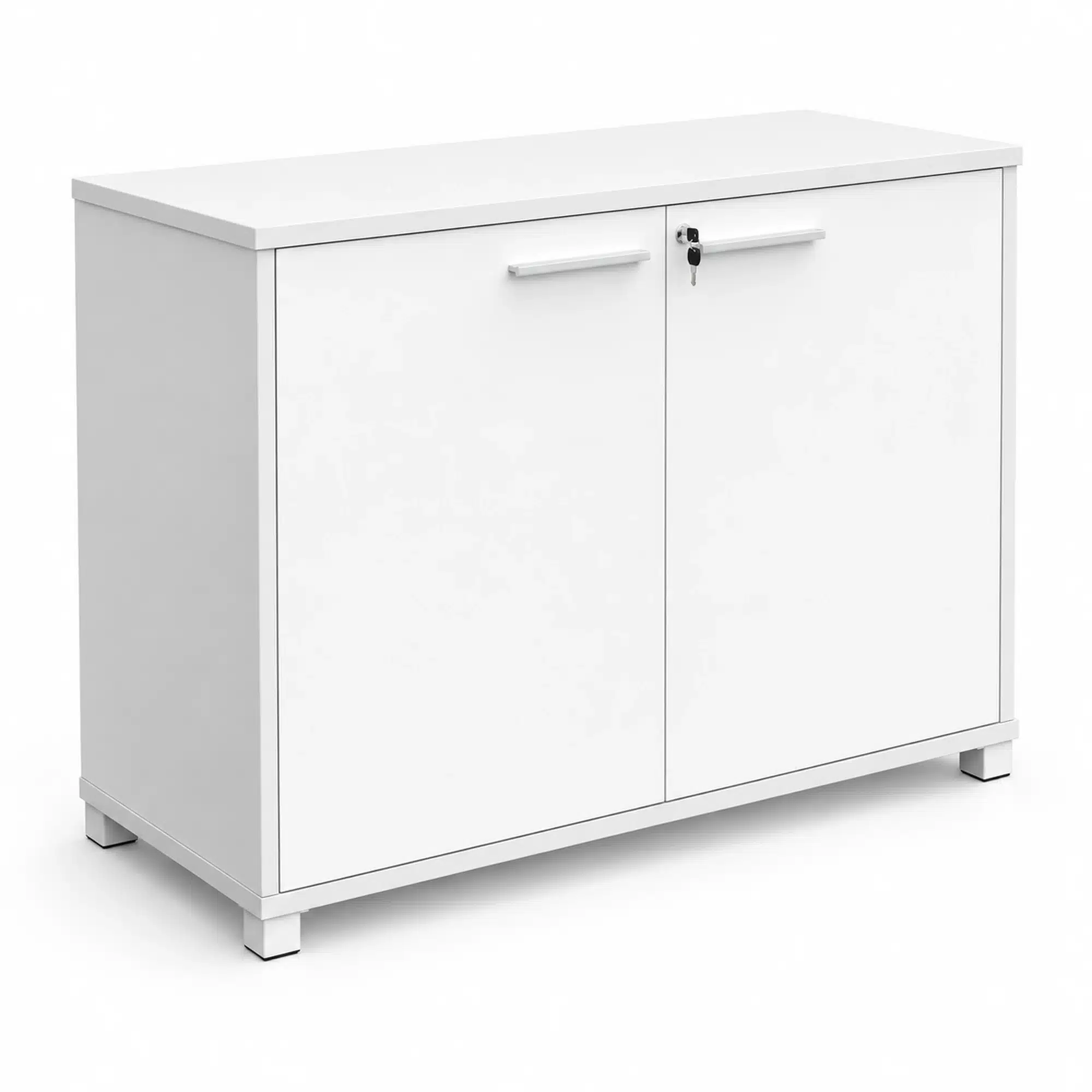 White melamine Network credenza storage unit with two swing doors, horizontal handles and central lock.