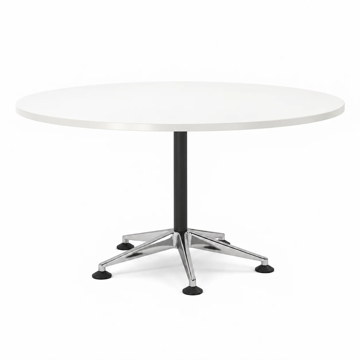Network round meeting table with a 1200 mm white top, black column and polished five-star base, shown at standard table height on a white studio background.
