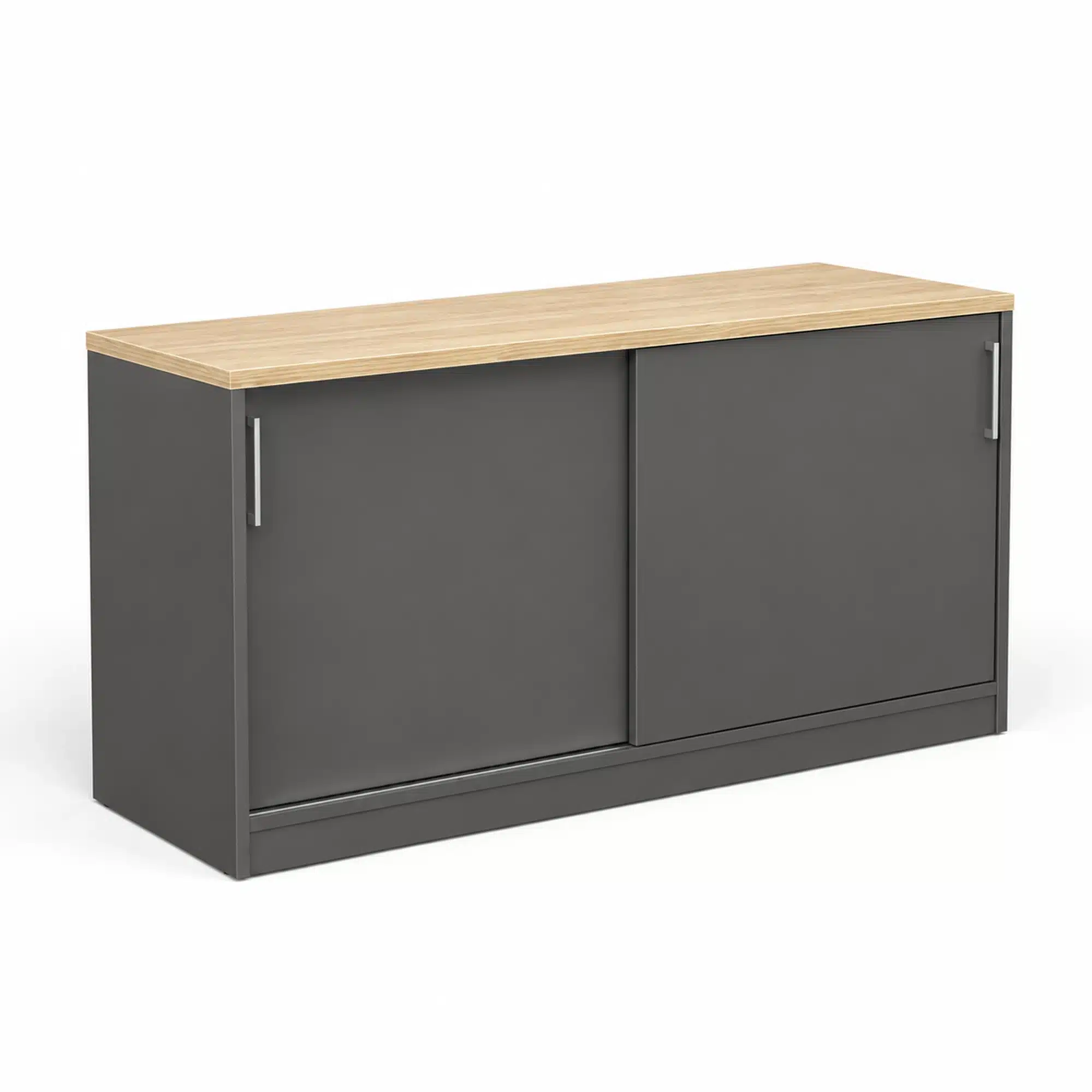 Charcoal and oak: “1200 mm Network sliding door credenza with charcoal melamine body, natural oak top, two sliding doors and vertical handles.