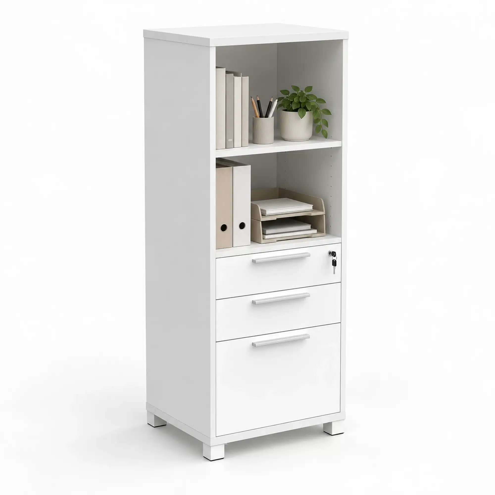 White melamine Network vertical tower combo storage unit with three drawers and open shelves styled with books, office folders, document trays and desk accessories.