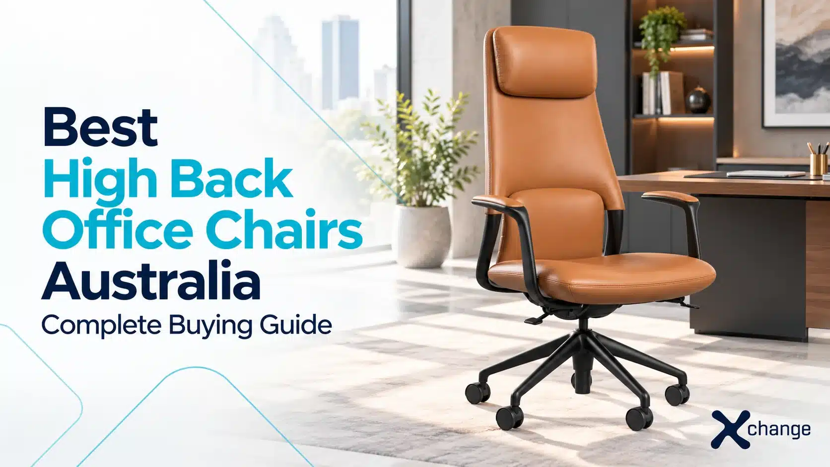 Xchange Design high back office chair buying guide featuring a tan executive chair with a black base.