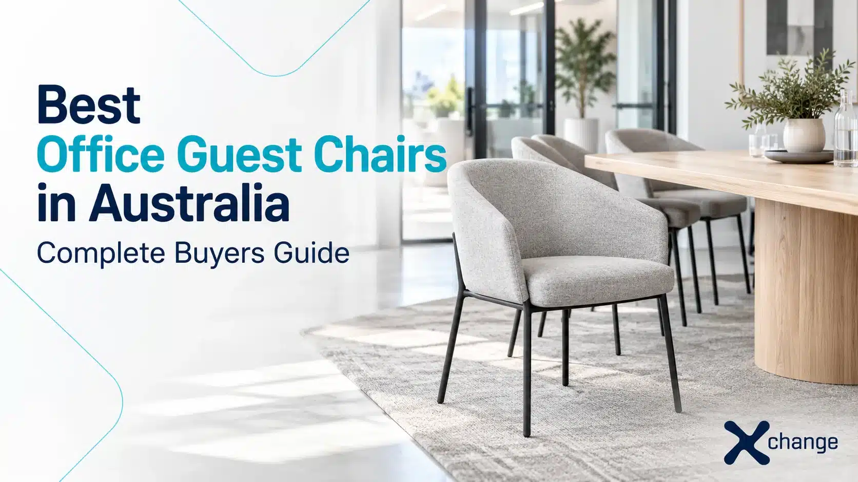 Light grey office guest chairs arranged around a meeting table in a modern office.