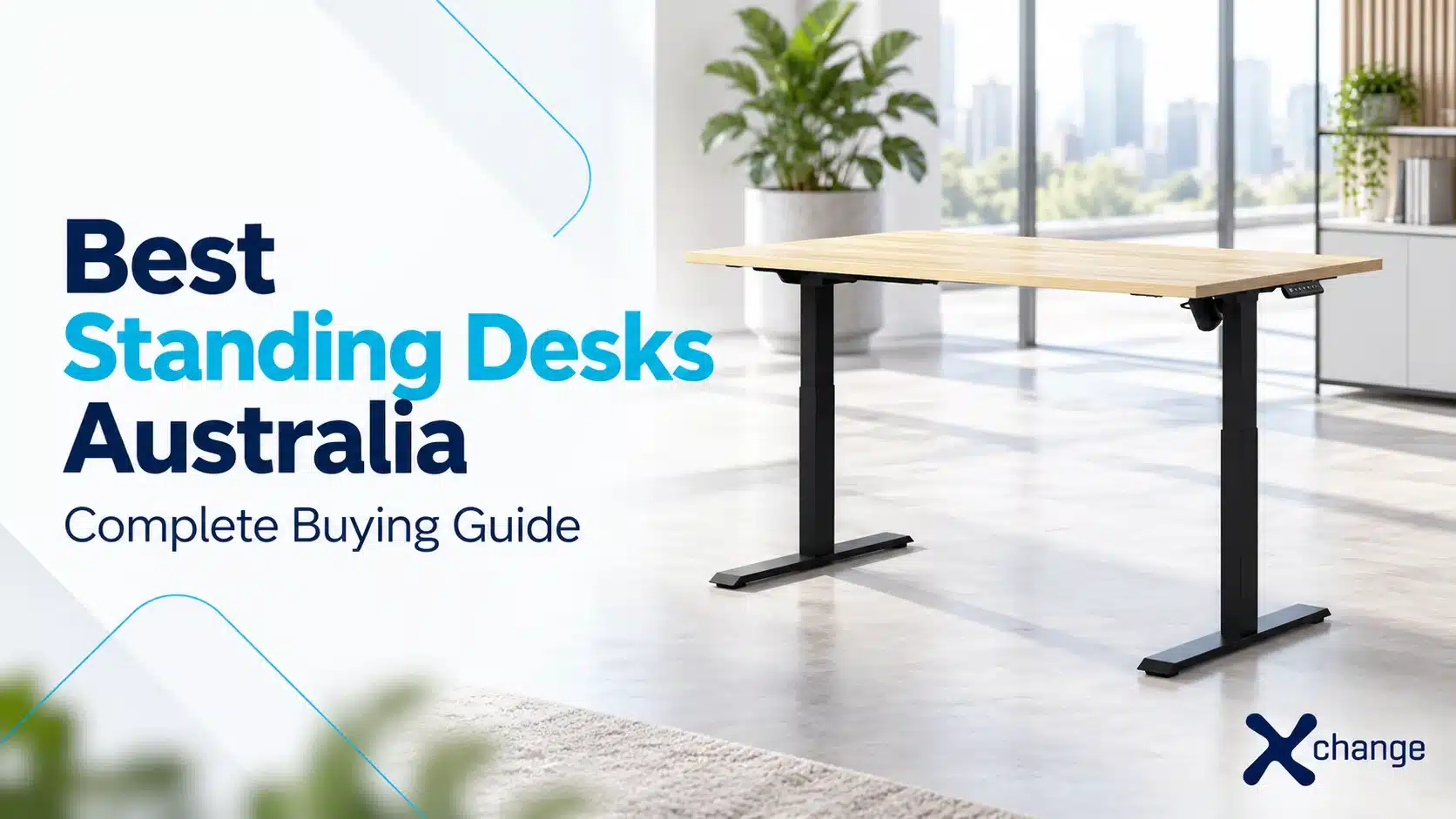 Xchange Design standing desk buying guide featuring a black electric height adjustable desk with an oak top.