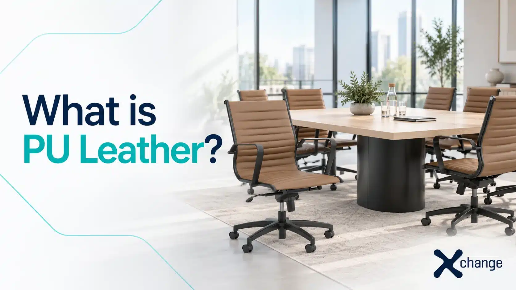 Tan PU leather office chairs arranged around a modern meeting table in a bright office.
