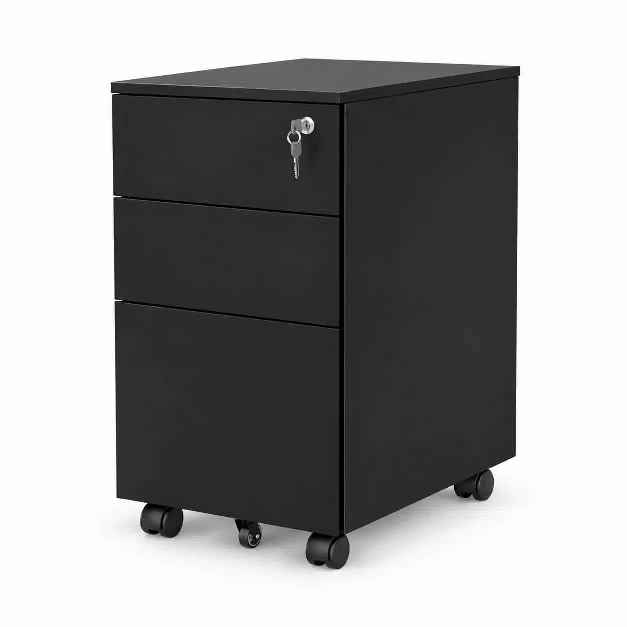 Black mobile pedestal drawer unit with three drawers, lock and caster wheels on a white studio background.