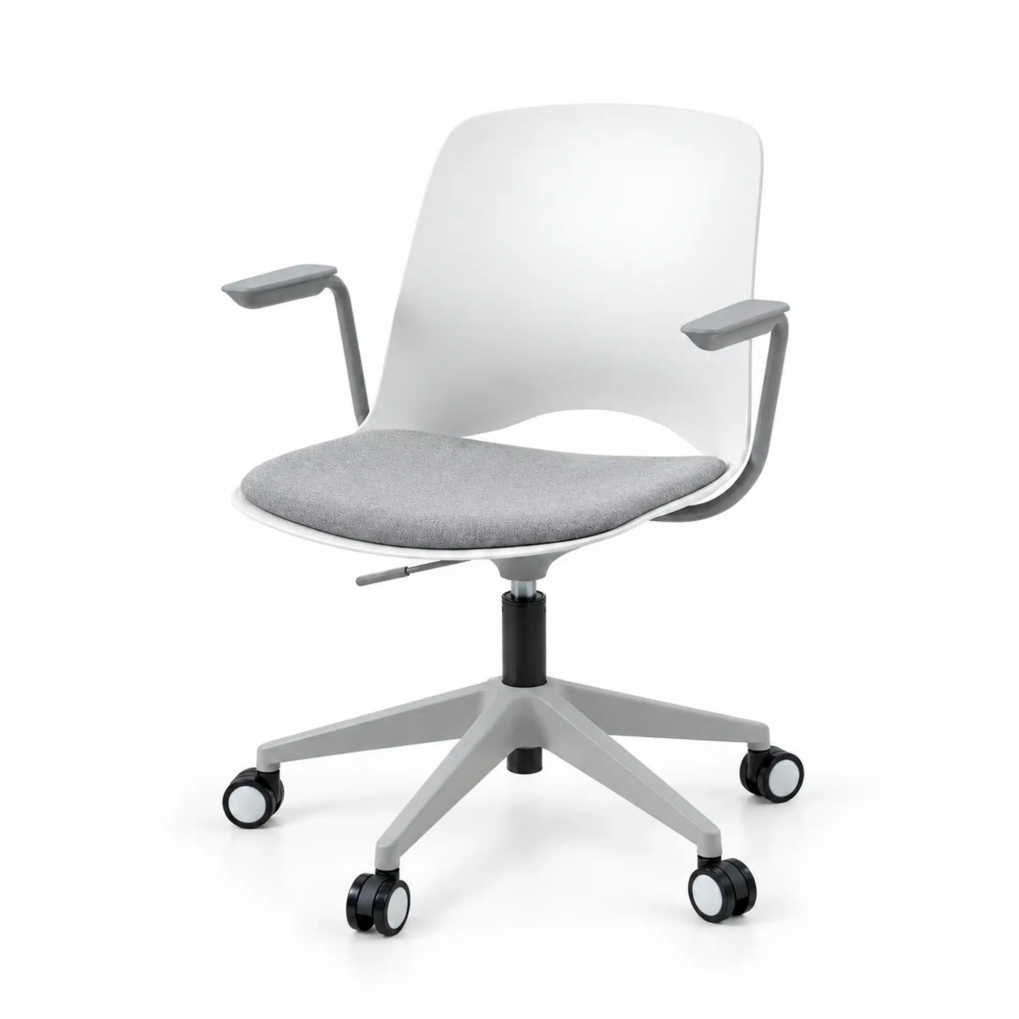 White LaVista swivel padded meeting chair with a light grey seat cushion, grey arms and five-star caster base, shown from the front at a three-quarter angle on a white studio background.