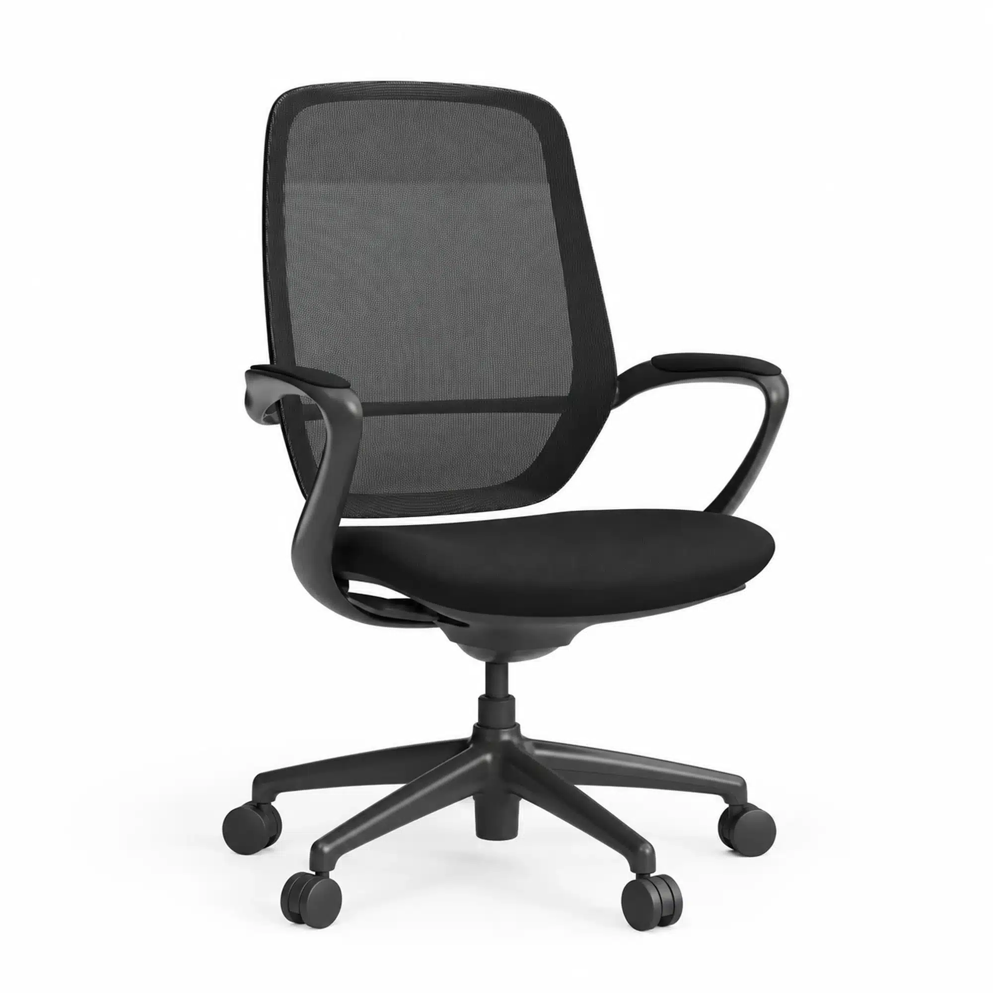 XC-90 executive meeting chair with black mesh back, upholstered seat, fixed loop arms and five-star caster base, front three-quarter view.