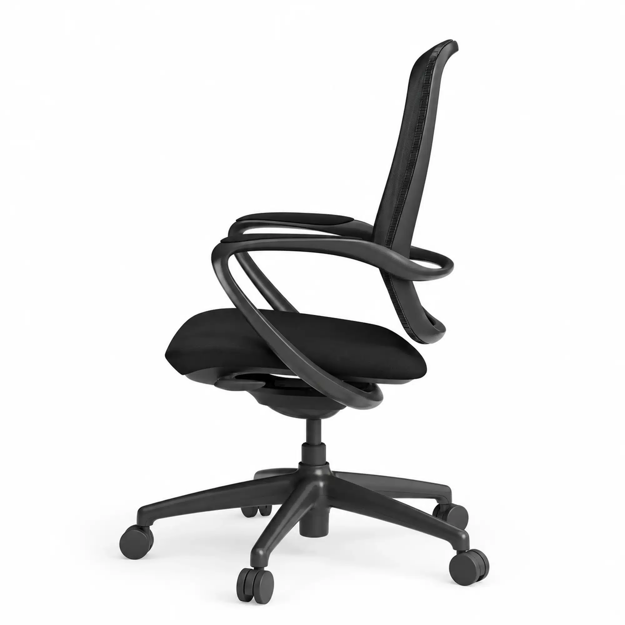 Side view of the XC-90 executive meeting chair showing its black mesh back, padded seat, fixed loop arm and caster base.