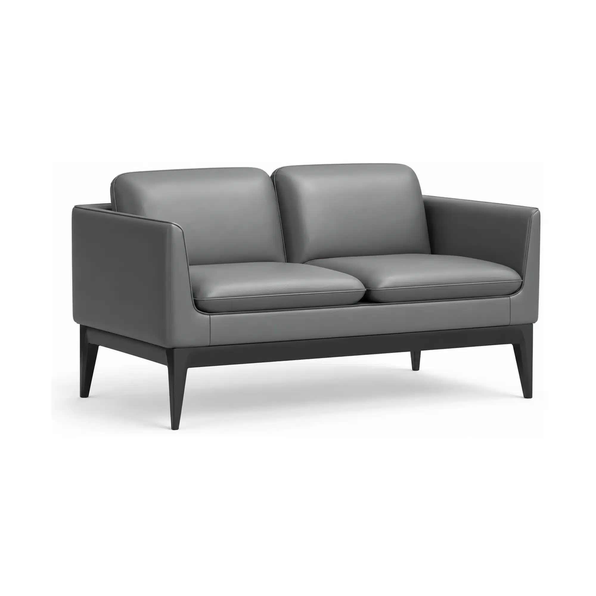 Adison two-seater sofa chair in charcoal PU leather, front three-quarter view showing its upholstered arms, twin cushions and dark legs on a white studio background.