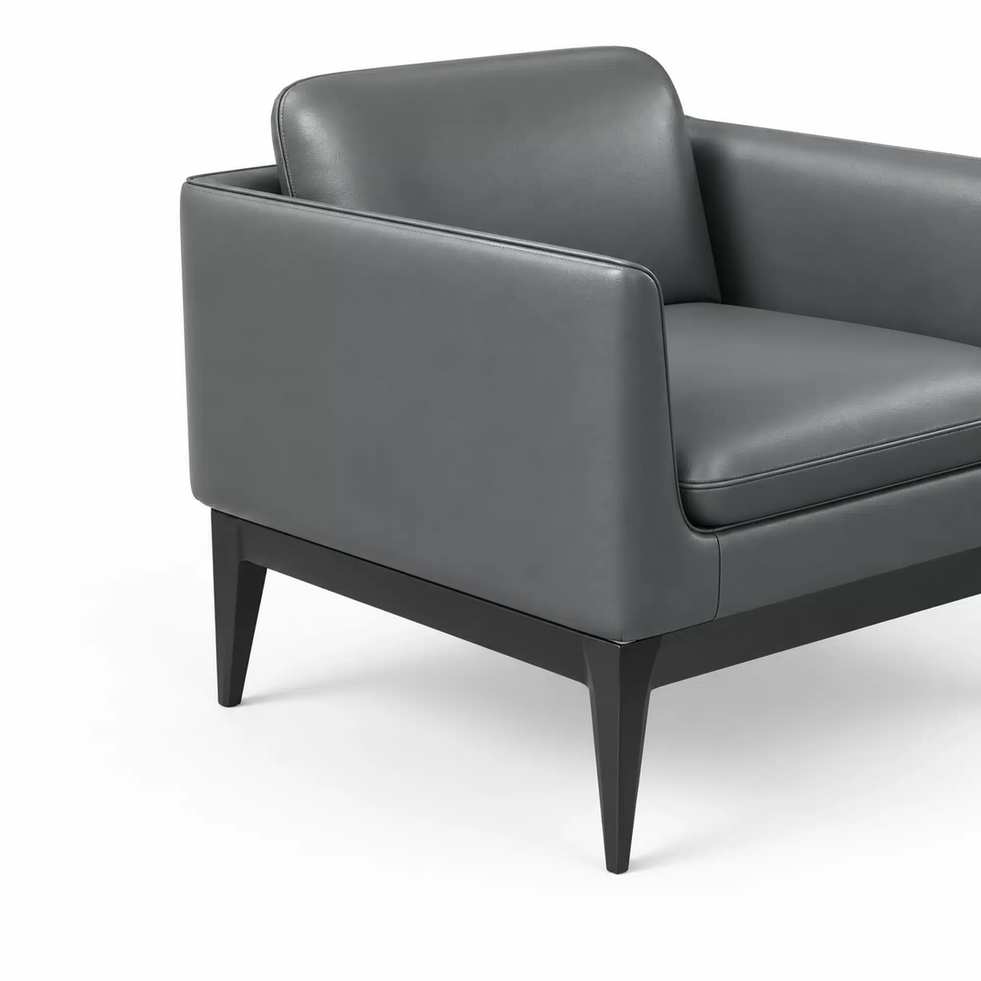 Close-up side view of the Adison single-seater sofa chair in charcoal PU leather, showing the upholstered arm, seat and dark leg finish.
