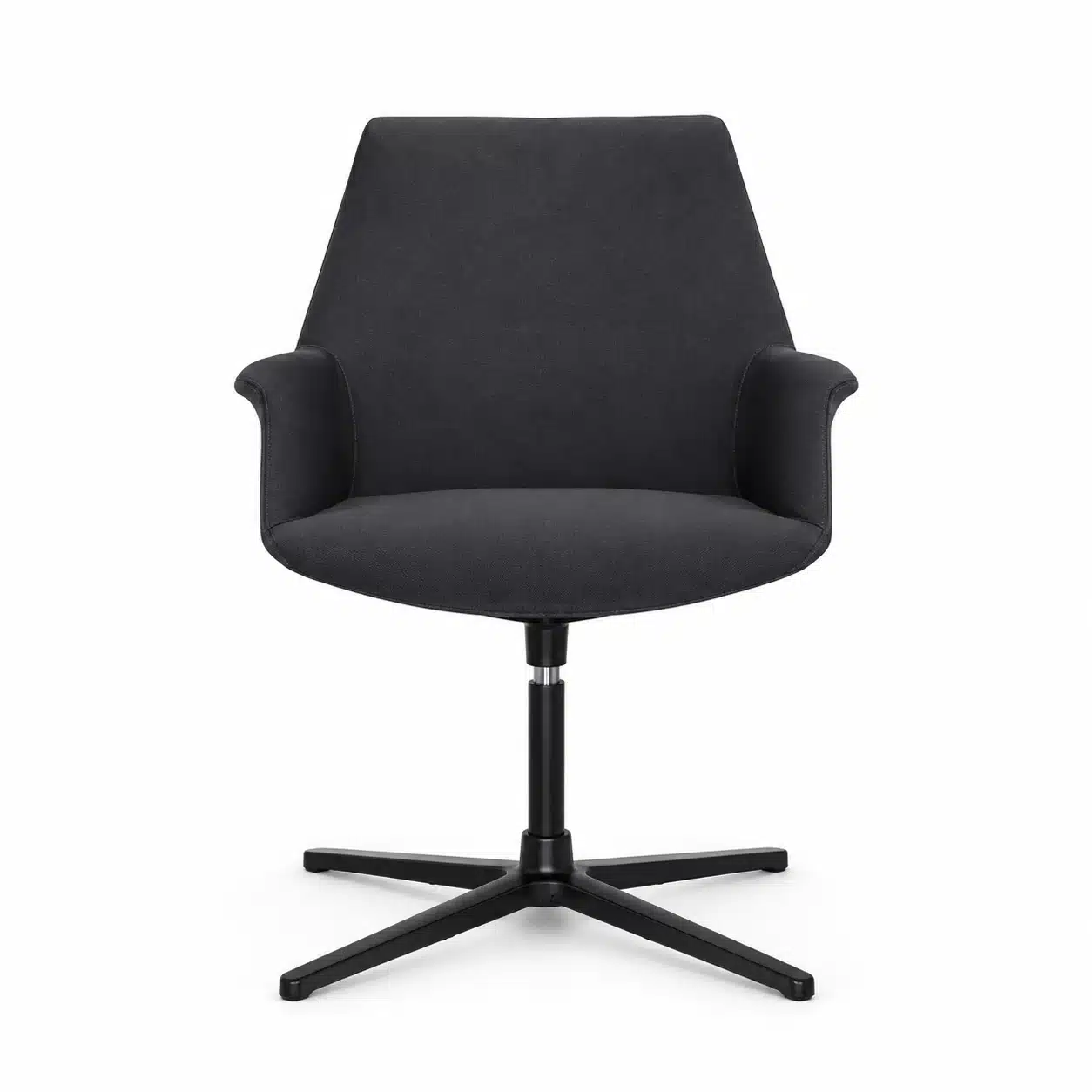 Boss Swivel Meeting Chair with a four-star base and charcoal fabric upholstery, shown on a white studio background from the front.