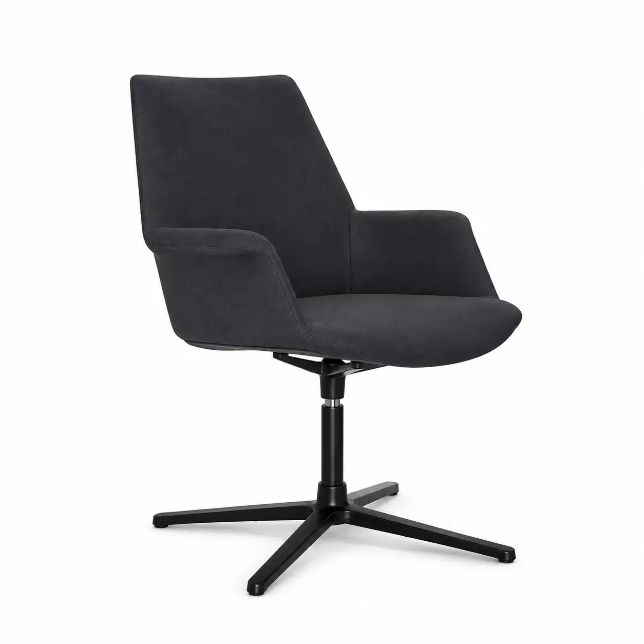 Boss Swivel Meeting Chair with a four-star base and charcoal fabric upholstery, shown on a white studio background from the [front three-quarter