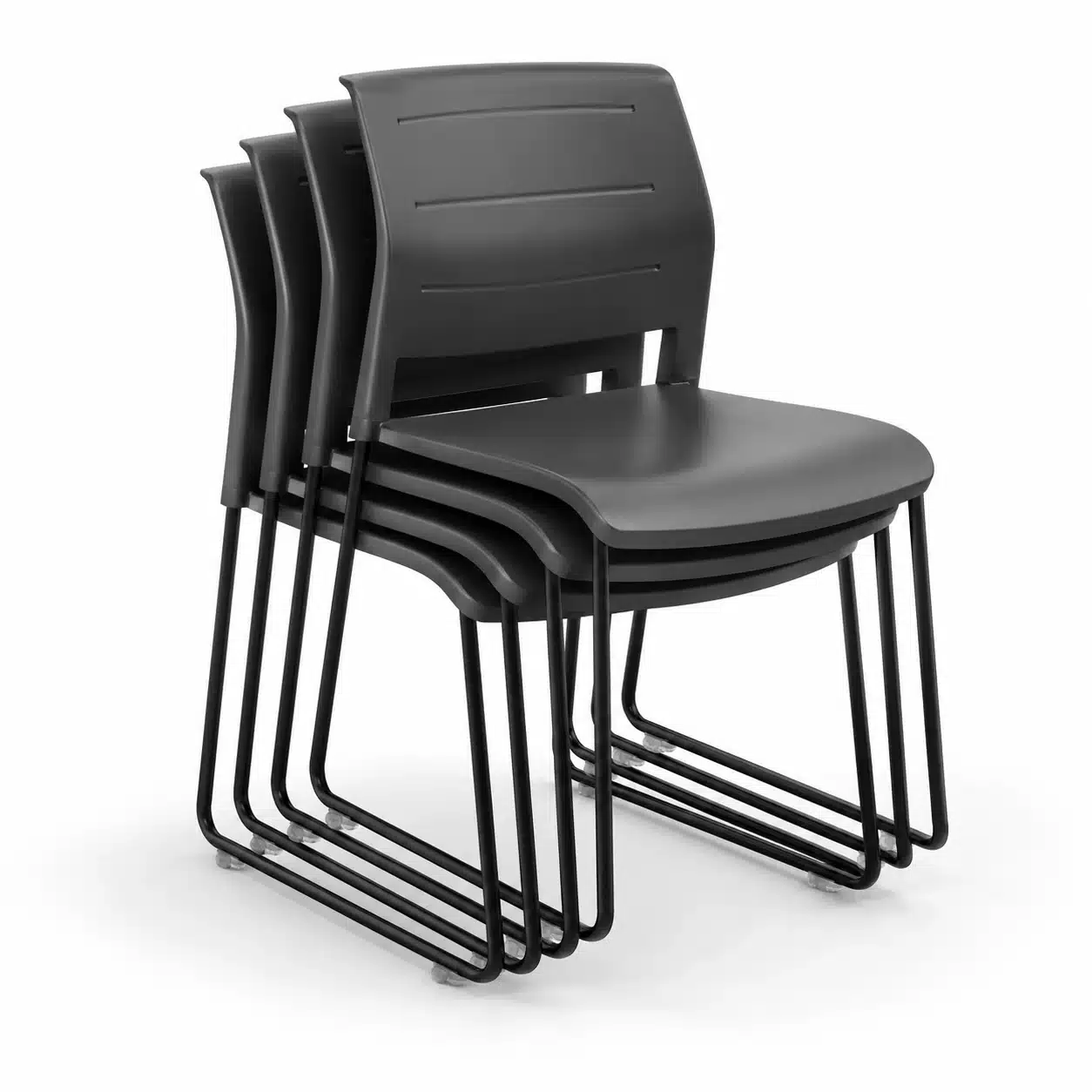 Four black unupholstered Breakout Visitor Chairs nested together to show their stackable design.