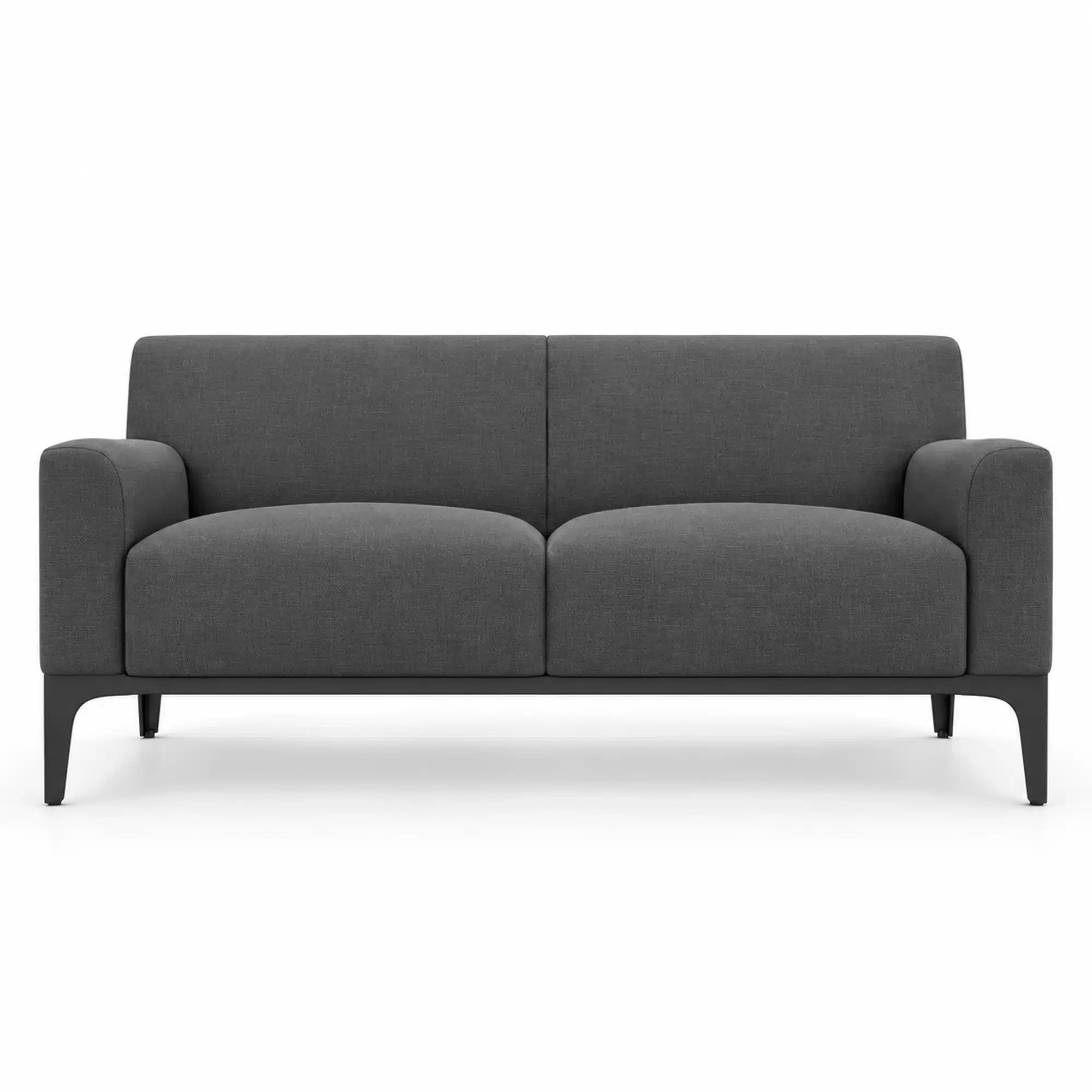 Edgar two-seater lounge in charcoal upholstery with a two-cushion seat, softly rounded arms and black metal legs.