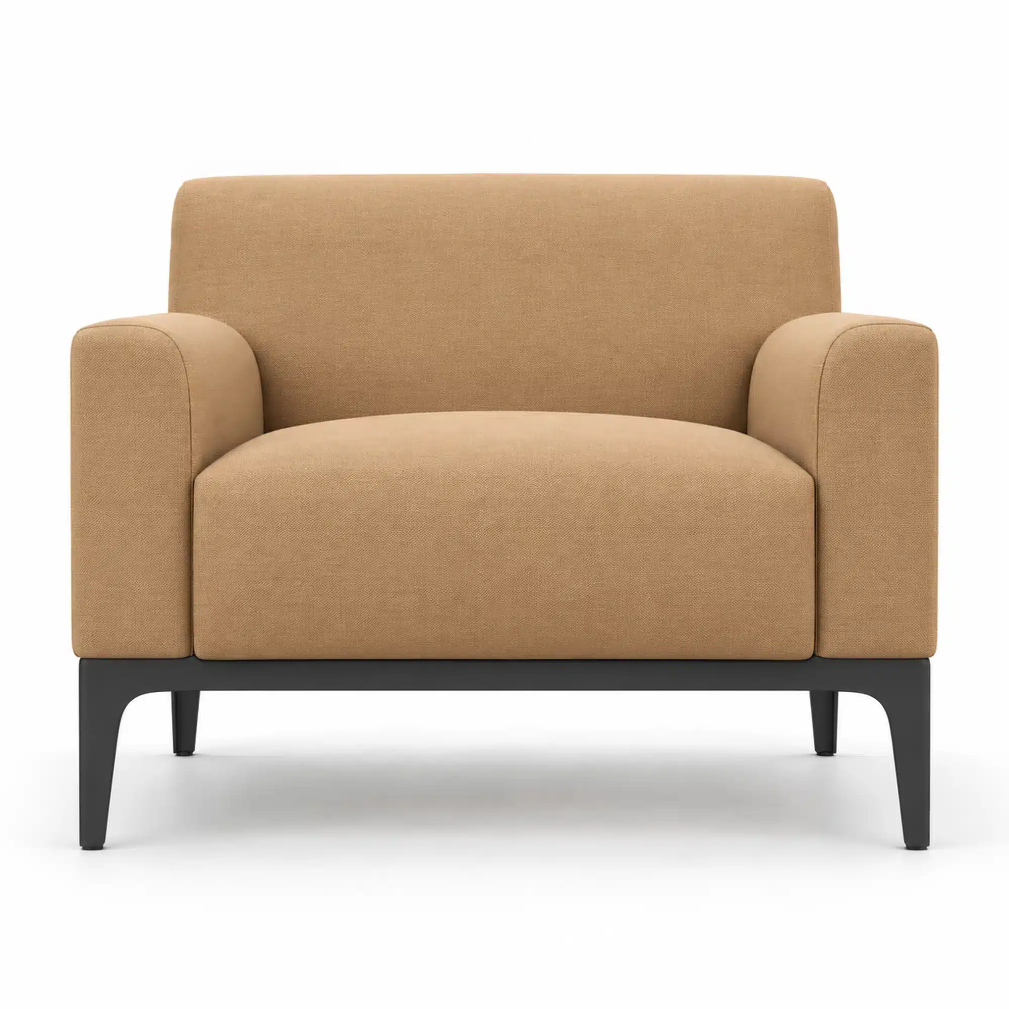Edgar single armchair in tan upholstery with softly rounded arms and black metal legs.