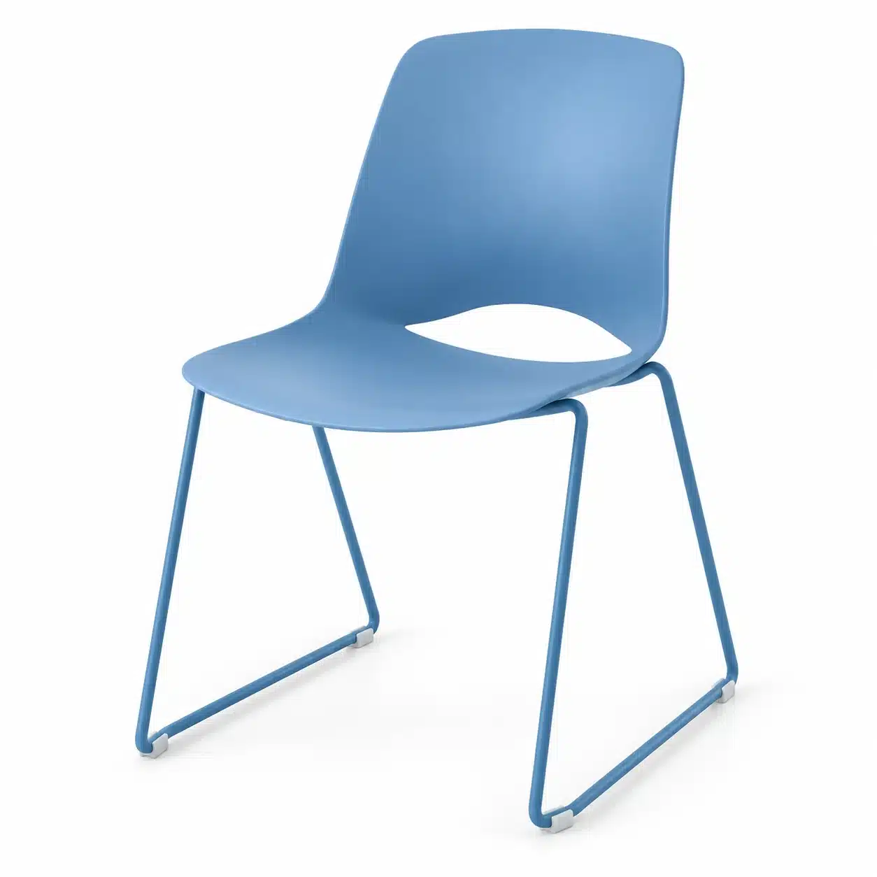 LaVista sled base stacking chair in blue with a matching colour shell and sled frame, shown from the front three-quarter angle.