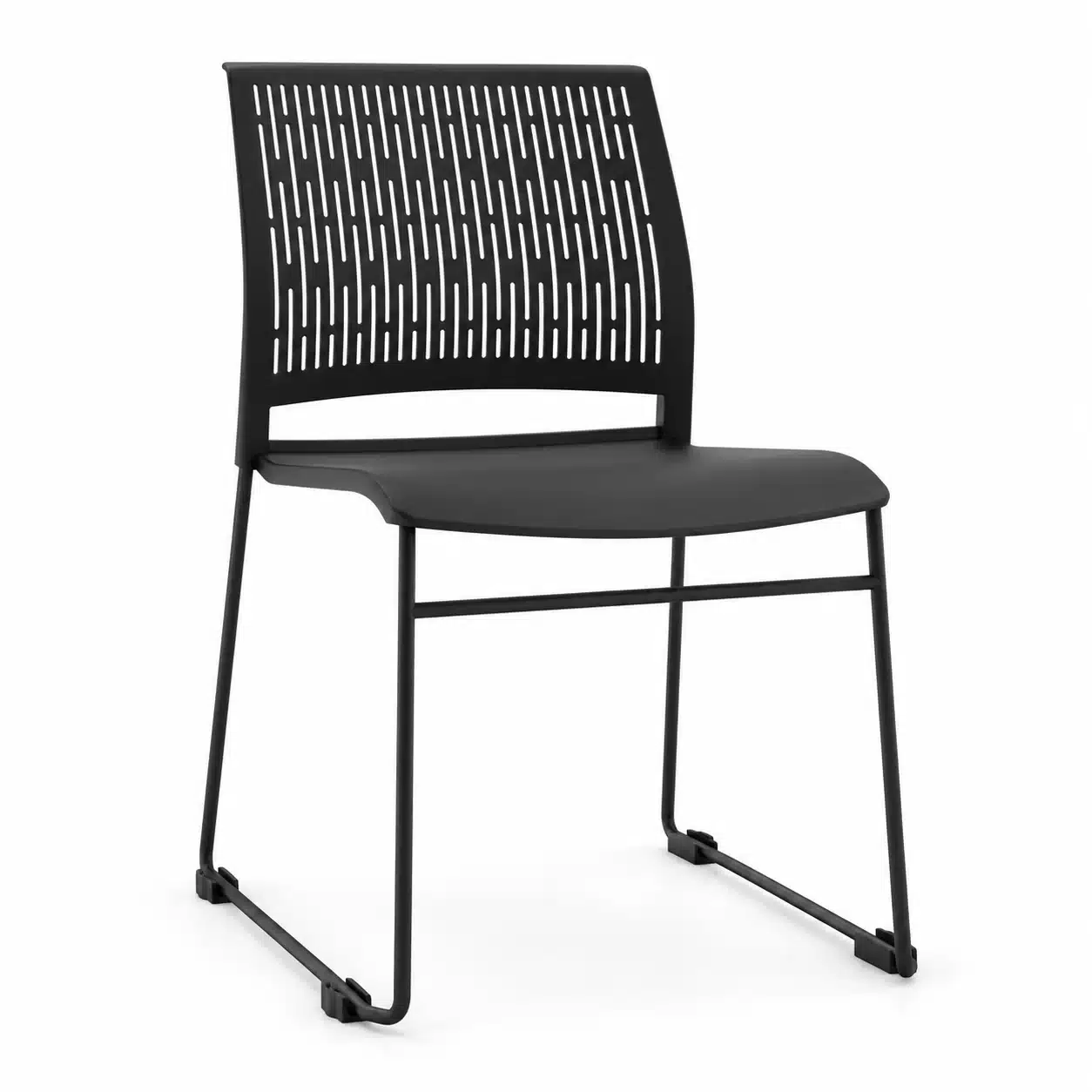 Black Max Sled Base Office Visitor Chair with a slotted back and linkable sled frame, shown on a white studio background.