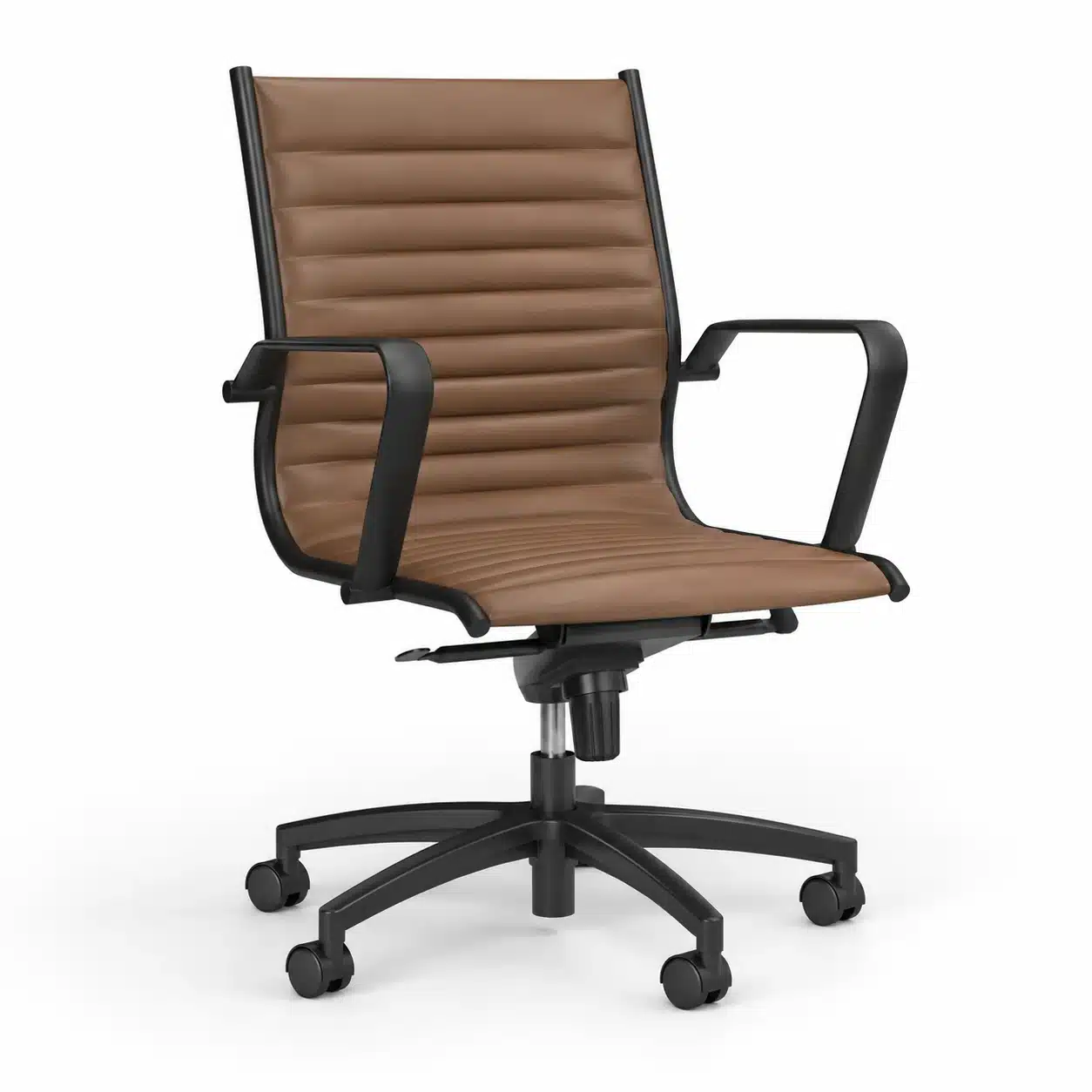 Munro mid-back executive boardroom chair in chocolate Eurotex PU leather with black frame, front three-quarter view.