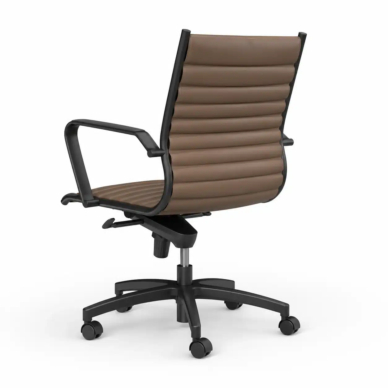Munro mid-back executive boardroom chair in chocolate Eurotex PU leather with black frame, rear three-quarter view.