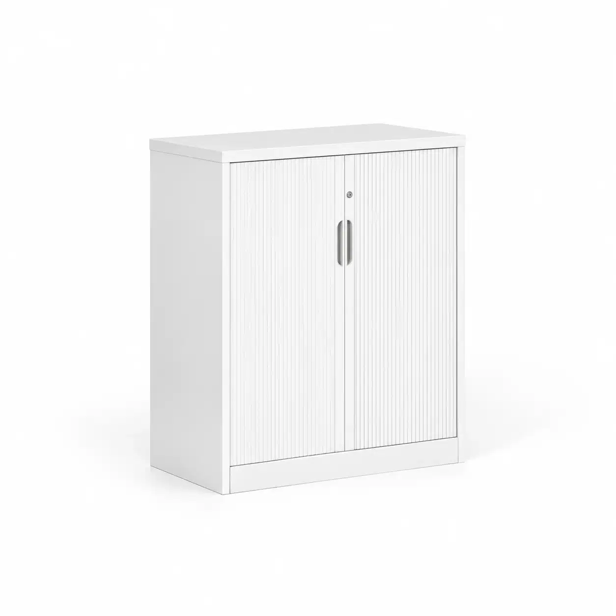 Network Tambour Door Storage Unit in white steel, shown from a front three-quarter angle without a planter box.