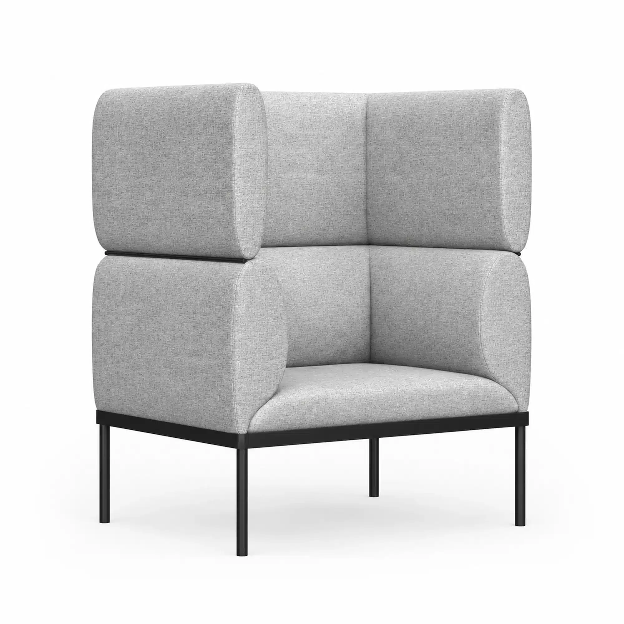 Refuge 1-seater lounge booth upholstered in Greymist fabric, shown from the front on a white studio background.