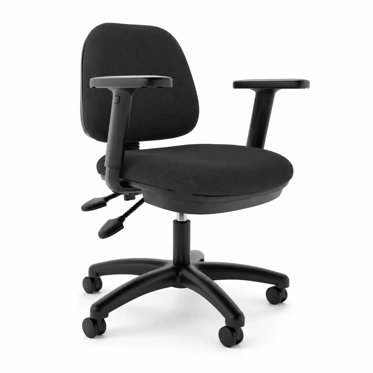 Tevo heavy-duty task office chair in black fabric with adjustable armrests, 160 kg rating, shown on a white studio background.