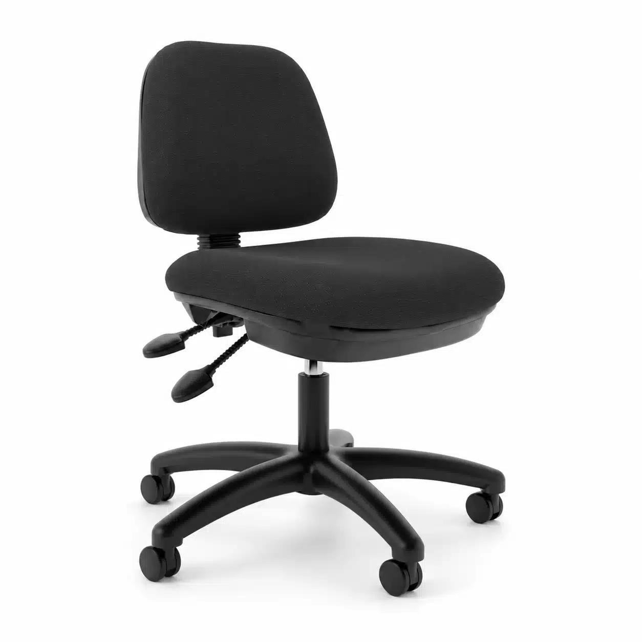 Tevo heavy-duty armless task office chair in black fabric, 160 kg rating, shown on a white studio background.