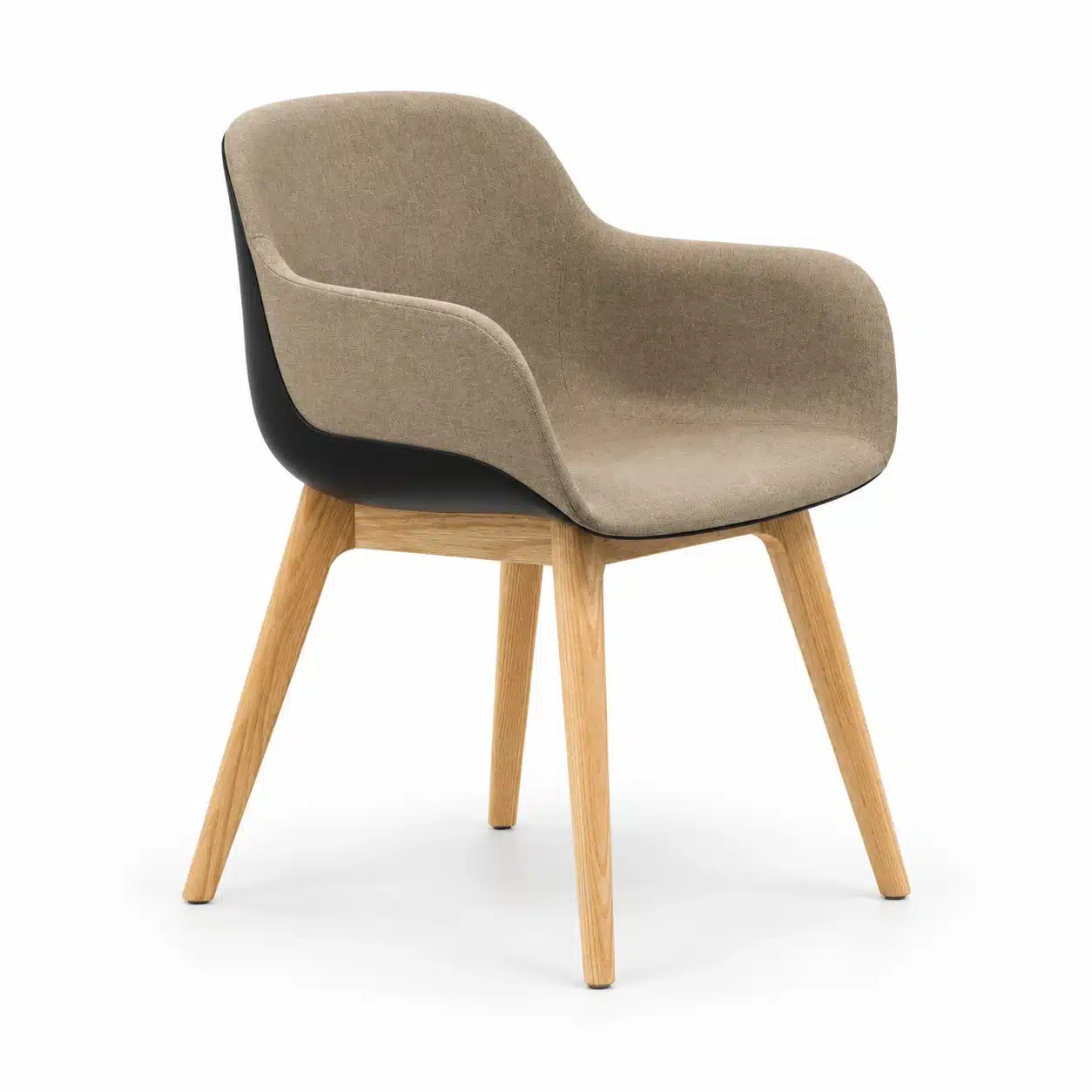 Venice YM visitor tub chair with taupe woven upholstery, black shell and natural oak legs, shown from the front three-quarter angle.