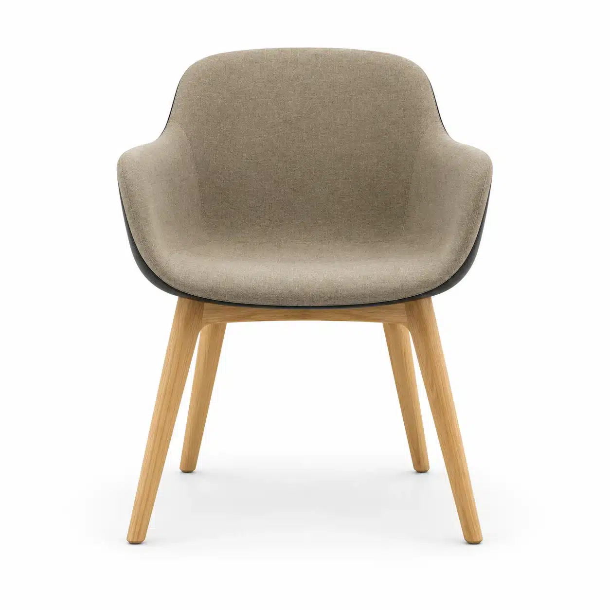 YM visitor tub chair with taupe woven upholstery, integrated arms, black shell and natural oak legs, shown from the front.