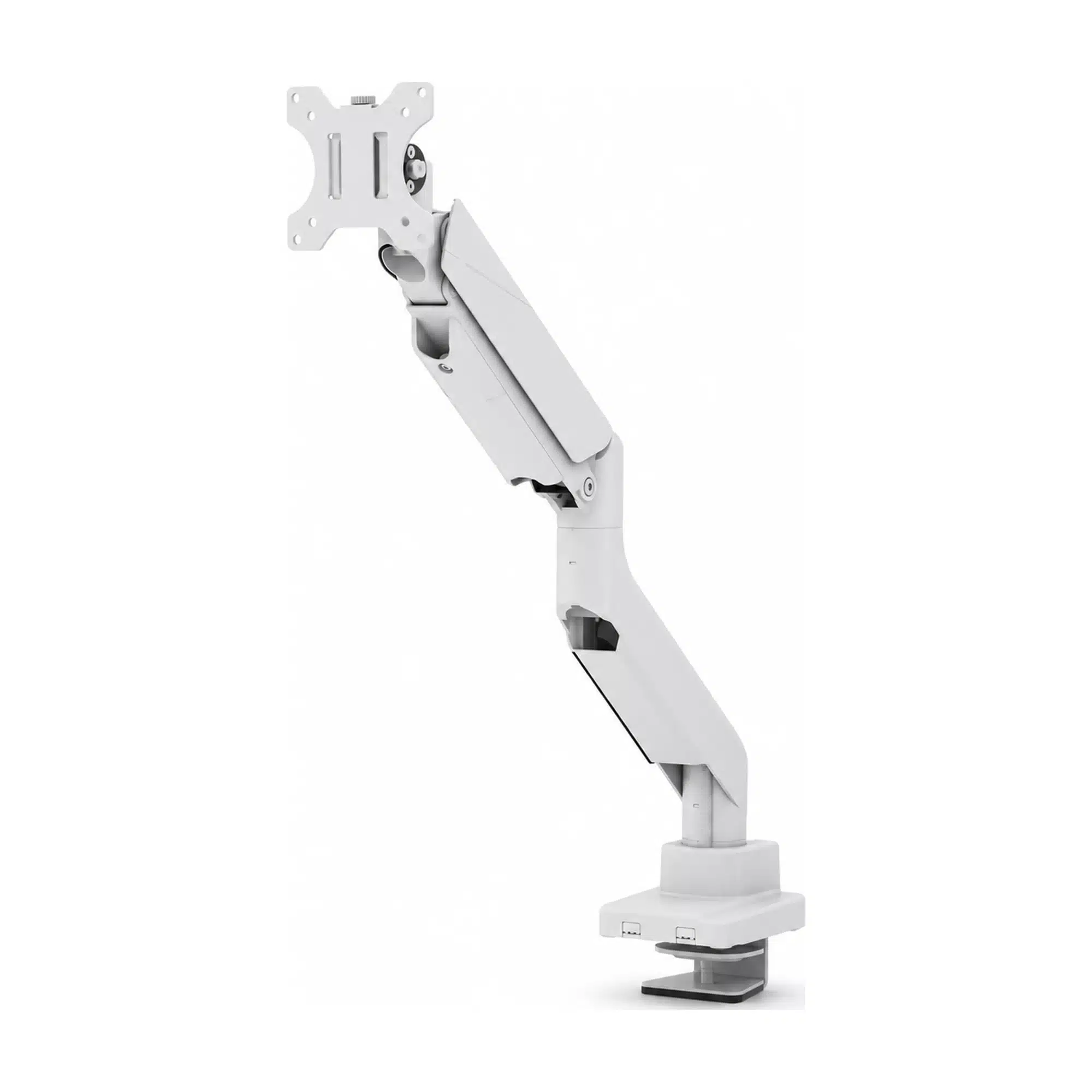 White X-Pro single monitor arm with articulated joints, VESA plate and desk clamp on a white studio background.
