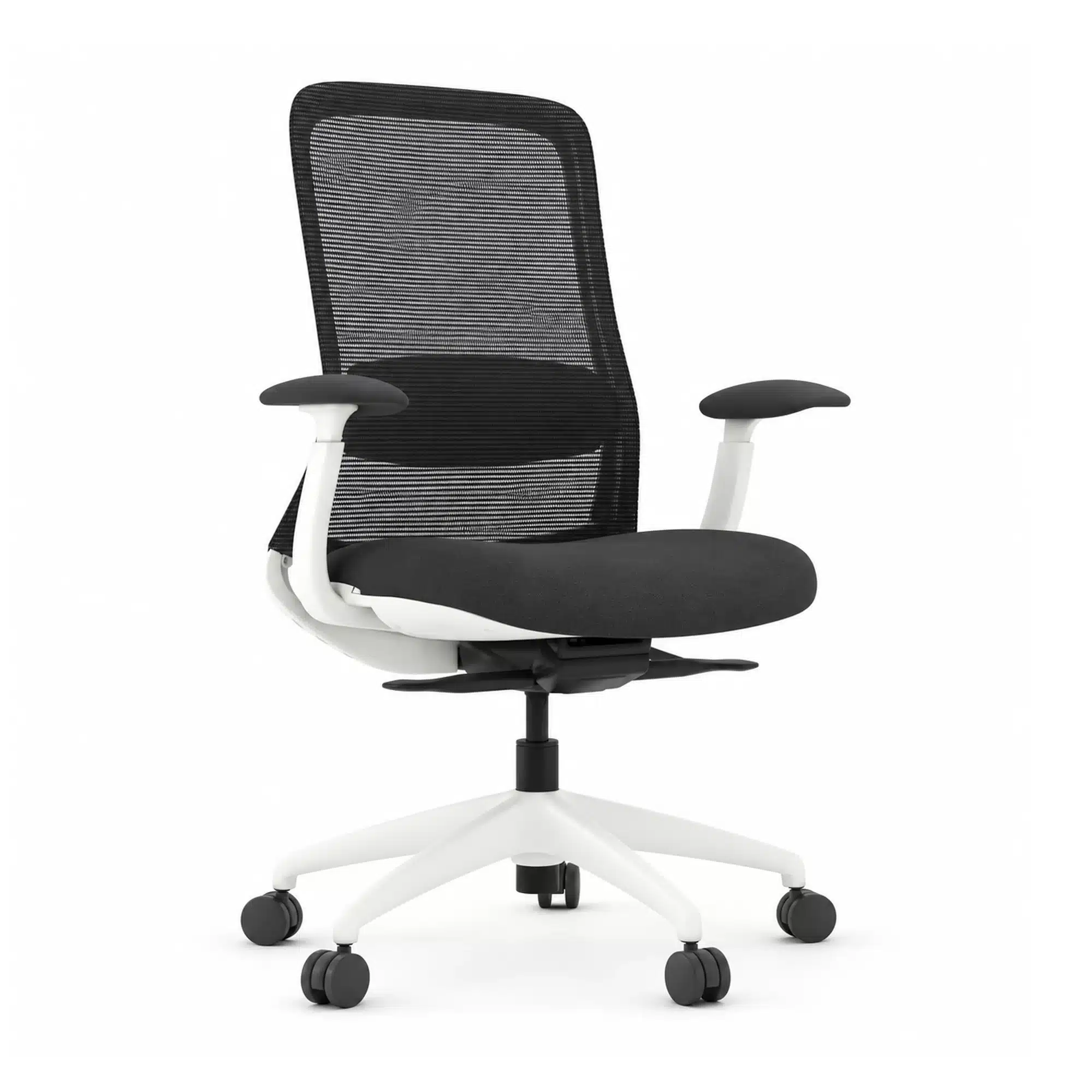 White frame, adjustable arms: XC-70 ergonomic mesh task chair with adjustable arms and white frame, on a white studio background.
