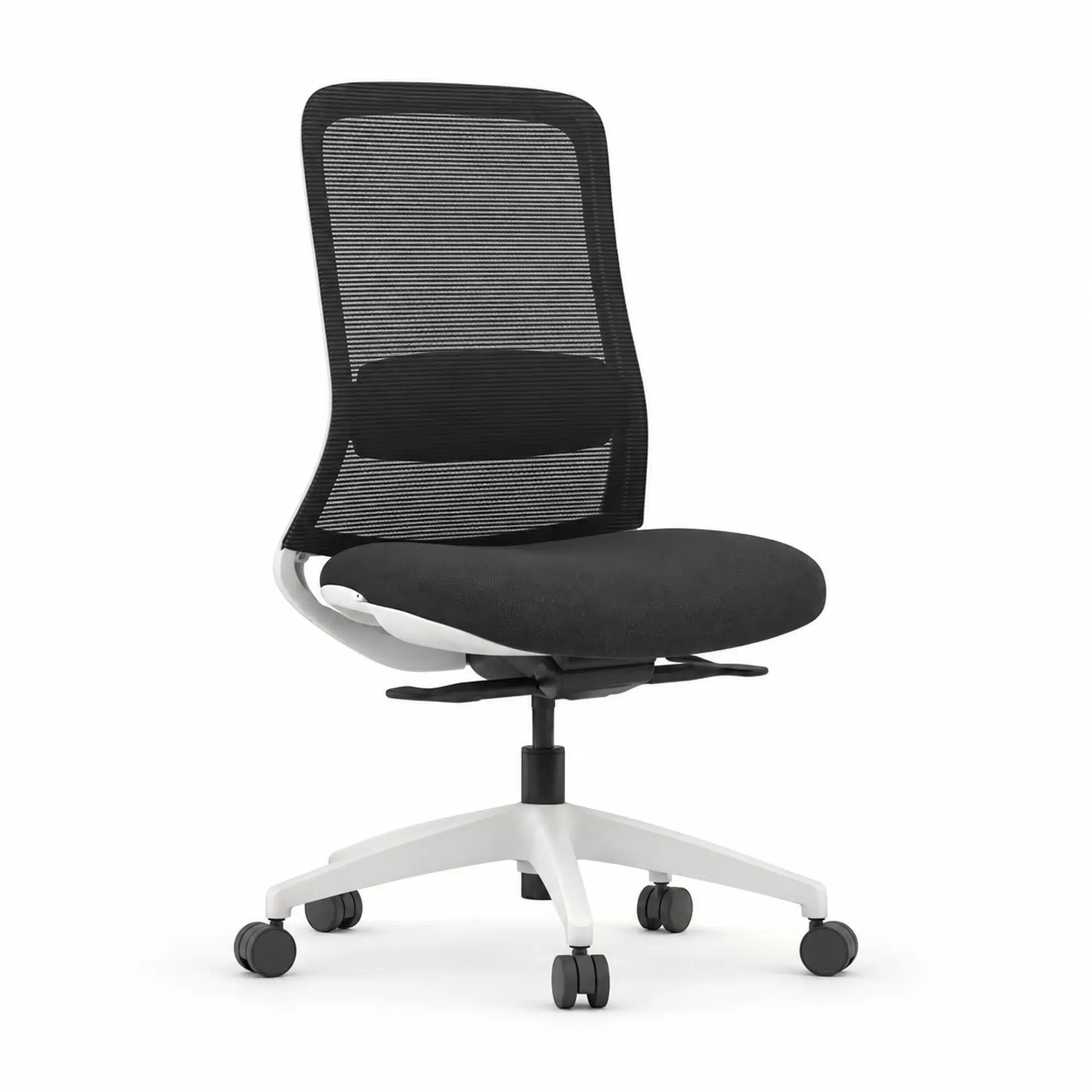 White frame, armless: XC-70 ergonomic mesh task chair without arms and with a white frame, on a white studio background.