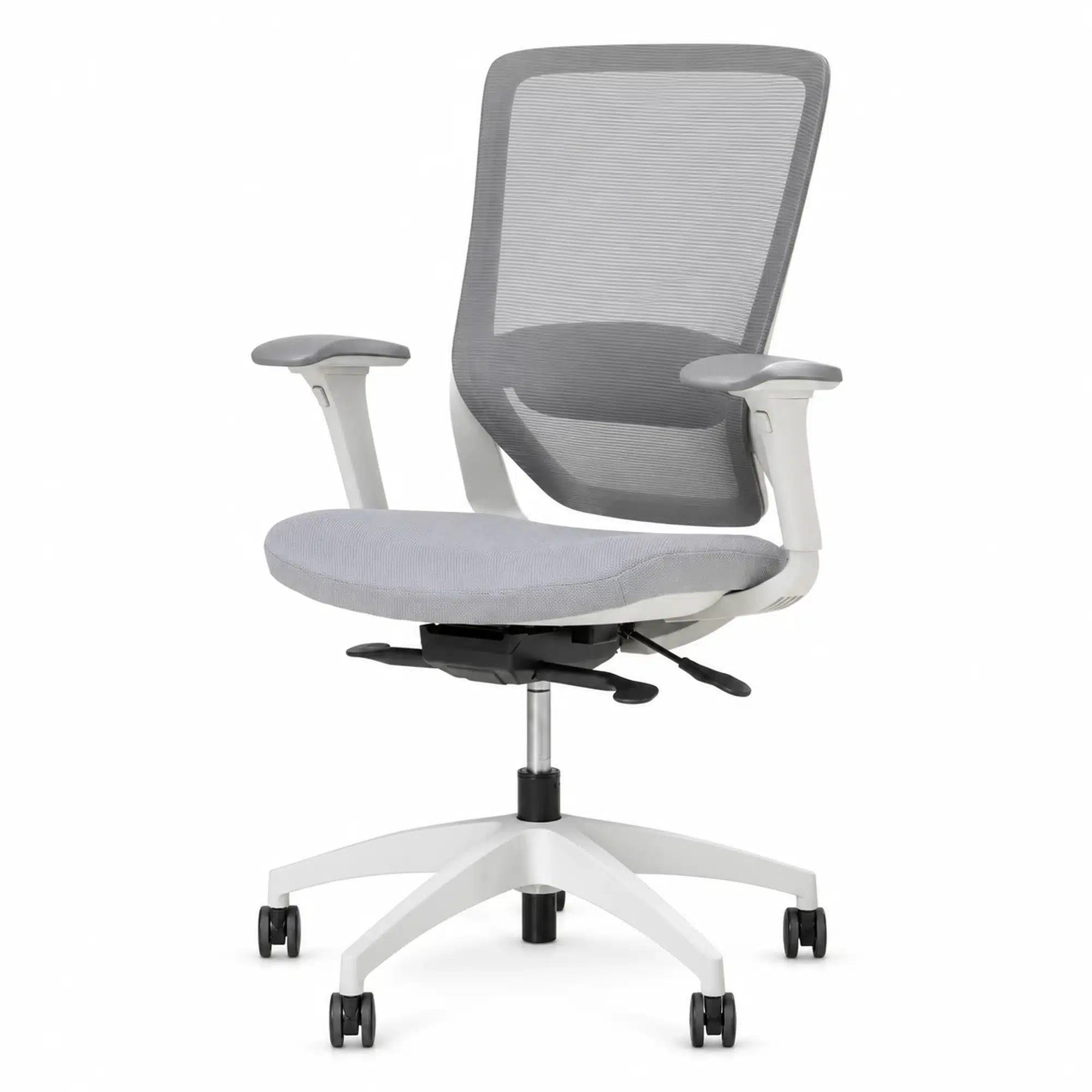 XC-75 AFRDI-certified ergonomic mesh task chair with white frame, light grey mesh back and seat, shown from the front three-quarter angle.