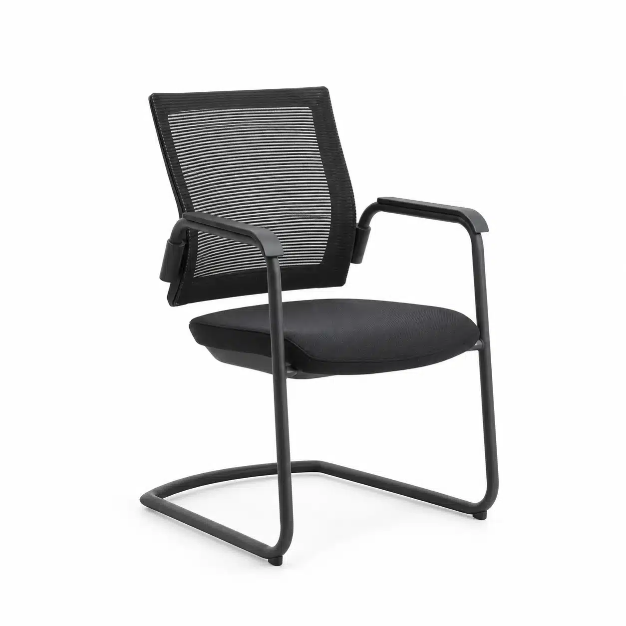 Sled Base Meeting Chair with Arms in black, shown from a front three-quarter angle on a white studio background.
