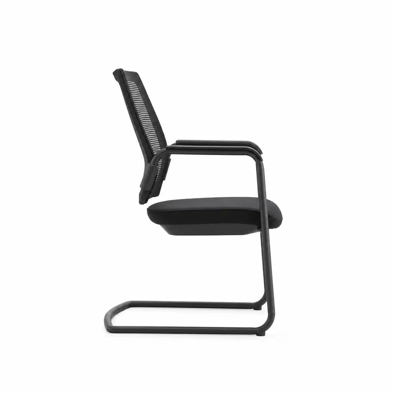 XC-80 Sled Base Meeting Chair with Arms in black, shown in side profile to display the seat, backrest and cantilever base.