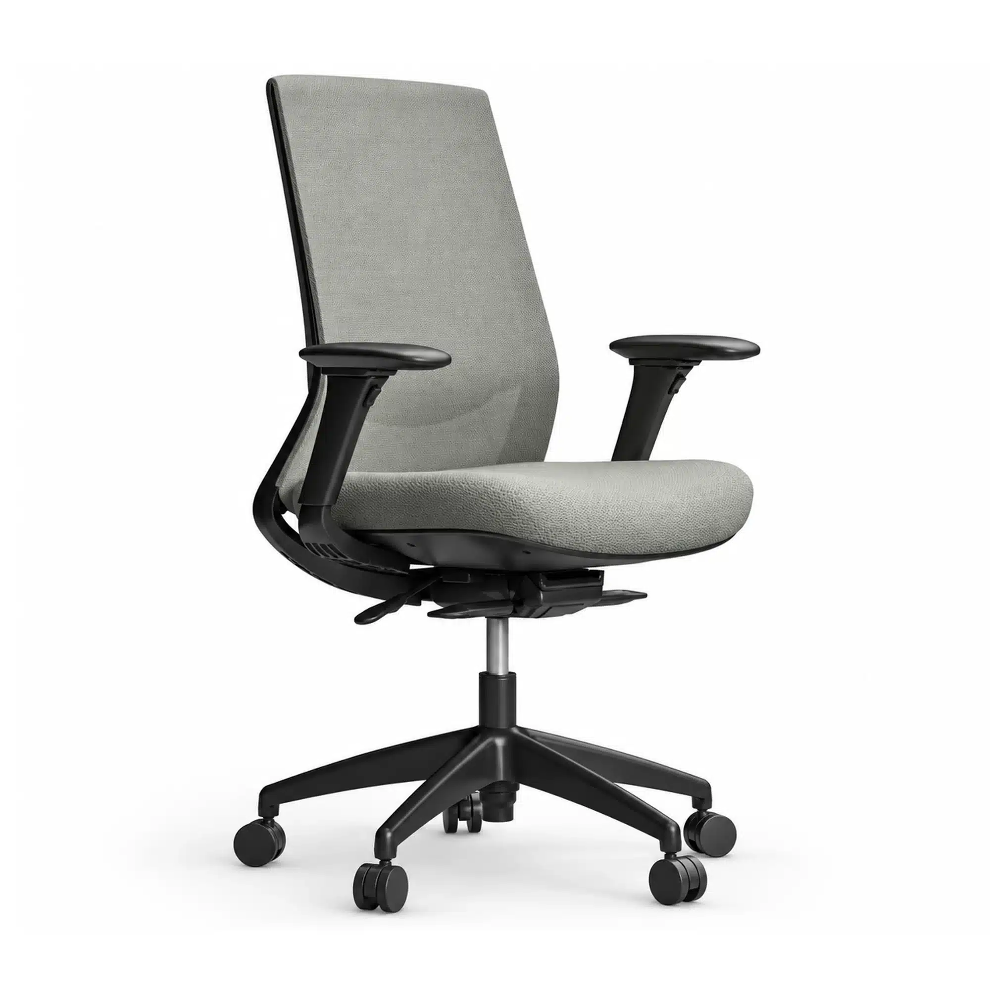 XC-85 ergonomic mesh task chair with adjustable arms, black frame and light grey upholstery, shown from the front three-quarter angle on a white background.