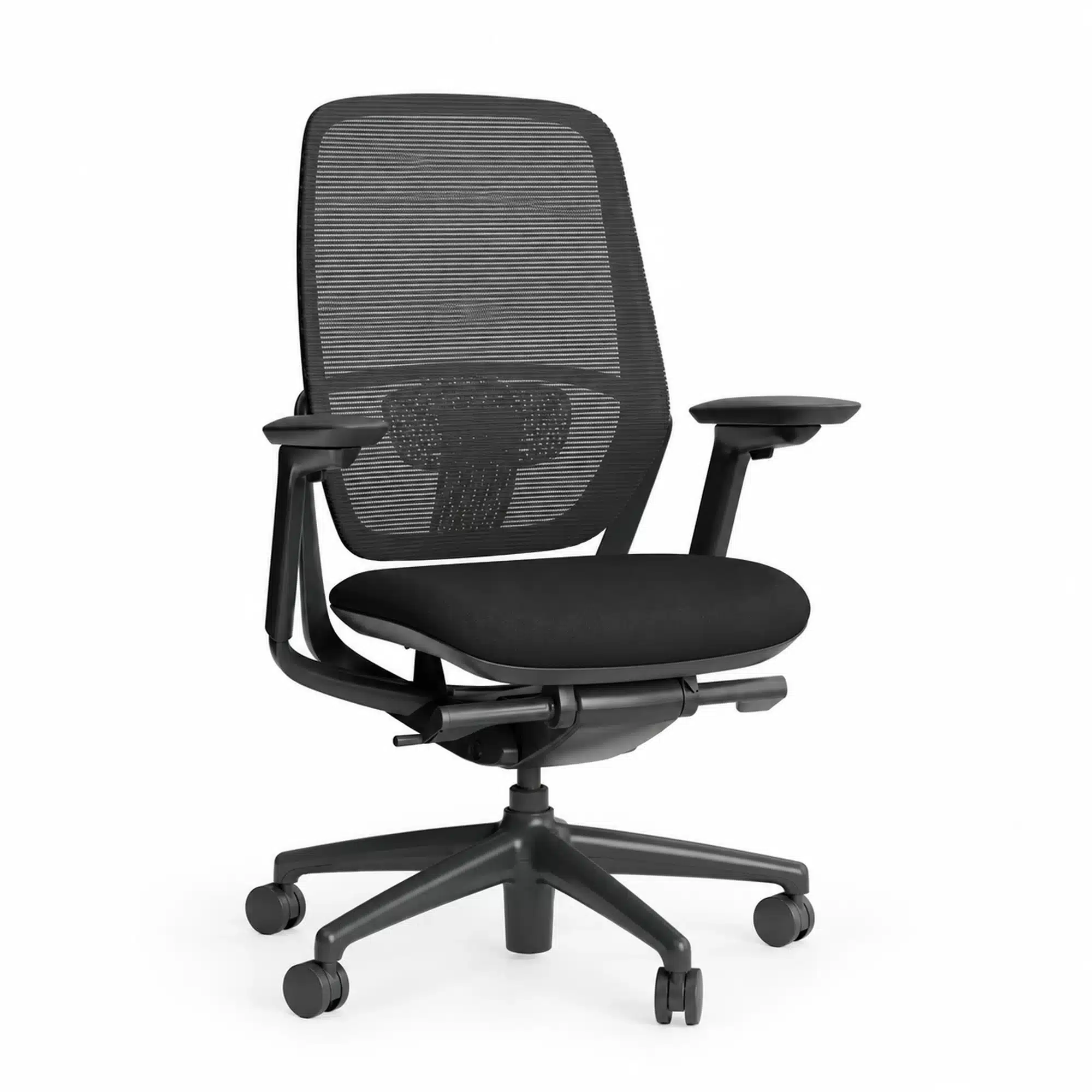 Three-quarter view of the XC-90 executive boardroom chair, highlighting its black mesh back, upholstered seat and adjustable arms.